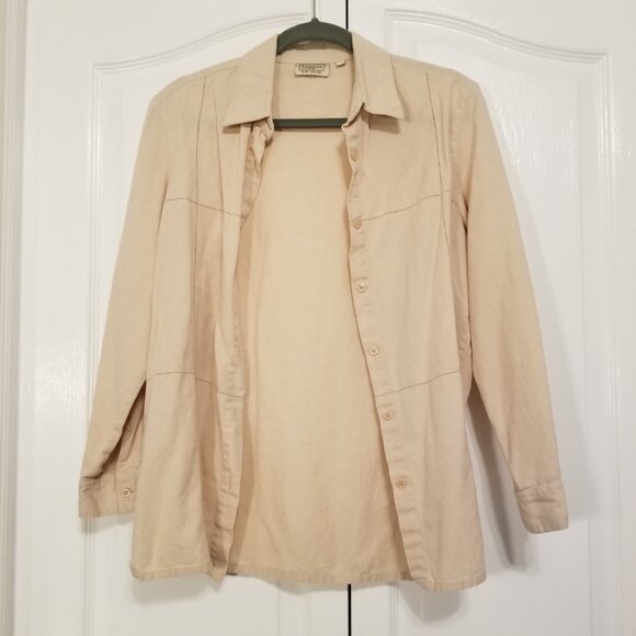 Vintage Cotton/Linen Blend Beige Button up Women Top Long Sleeve Small Haggar - Picture 2 of 11